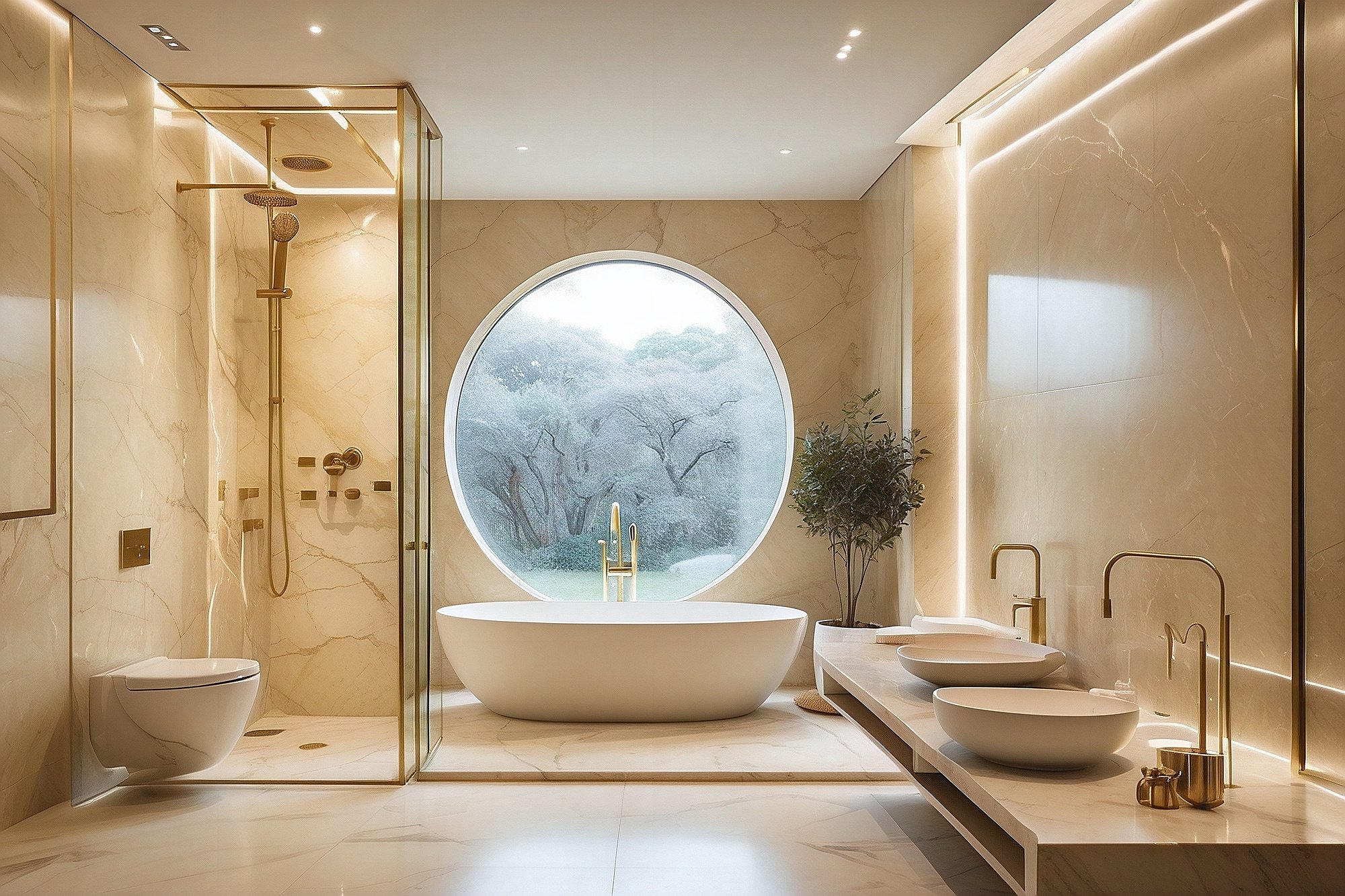Ultra modernism bathroom with beige marble colors Ultra modernism bathroom with beige marble colors